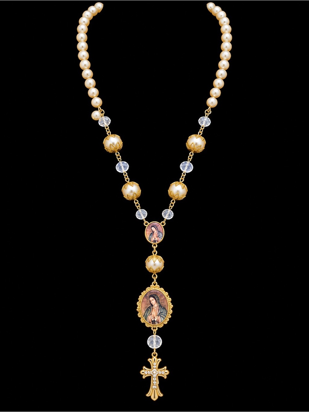 Gold-Tone Pearl Rosary Necklace with Virgin Mary Medallion